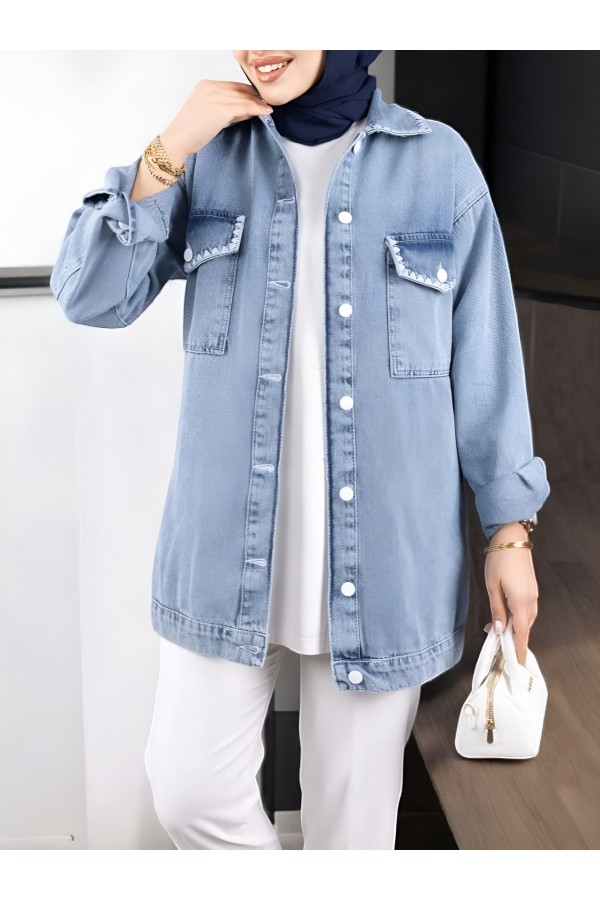 Flap Pocketed Pointed Denim Jacket -Ice Blue