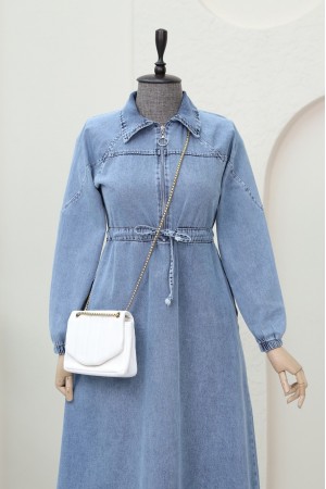 فستان من الدنيم مزين بسحاب نصف نفق  -جليدي