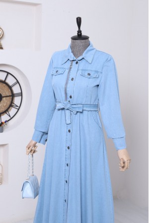 فستان من الدنيم بحزام وسحاب مفصل -جليدي