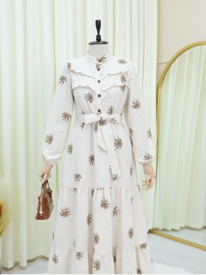 Önü Fırfırlı Yarım Düğmeli Parçalı Keten Elbise -Kamuflaj