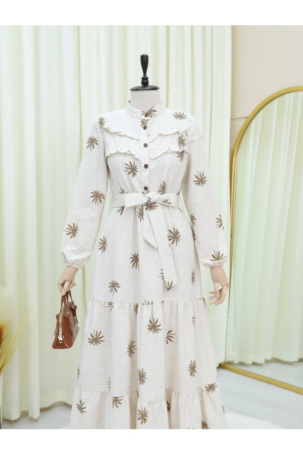 Half Buttoned Sectional Linen Dress with Ruffle Front -Camouflage