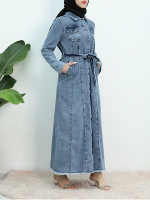 Taş İşlemeli Belden Bağlamalı Cepli Kot Elbise -Mavi