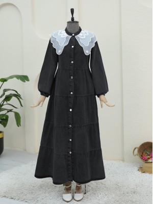 Denim Dress with Organza Tulle Detail on the Collar  -Black