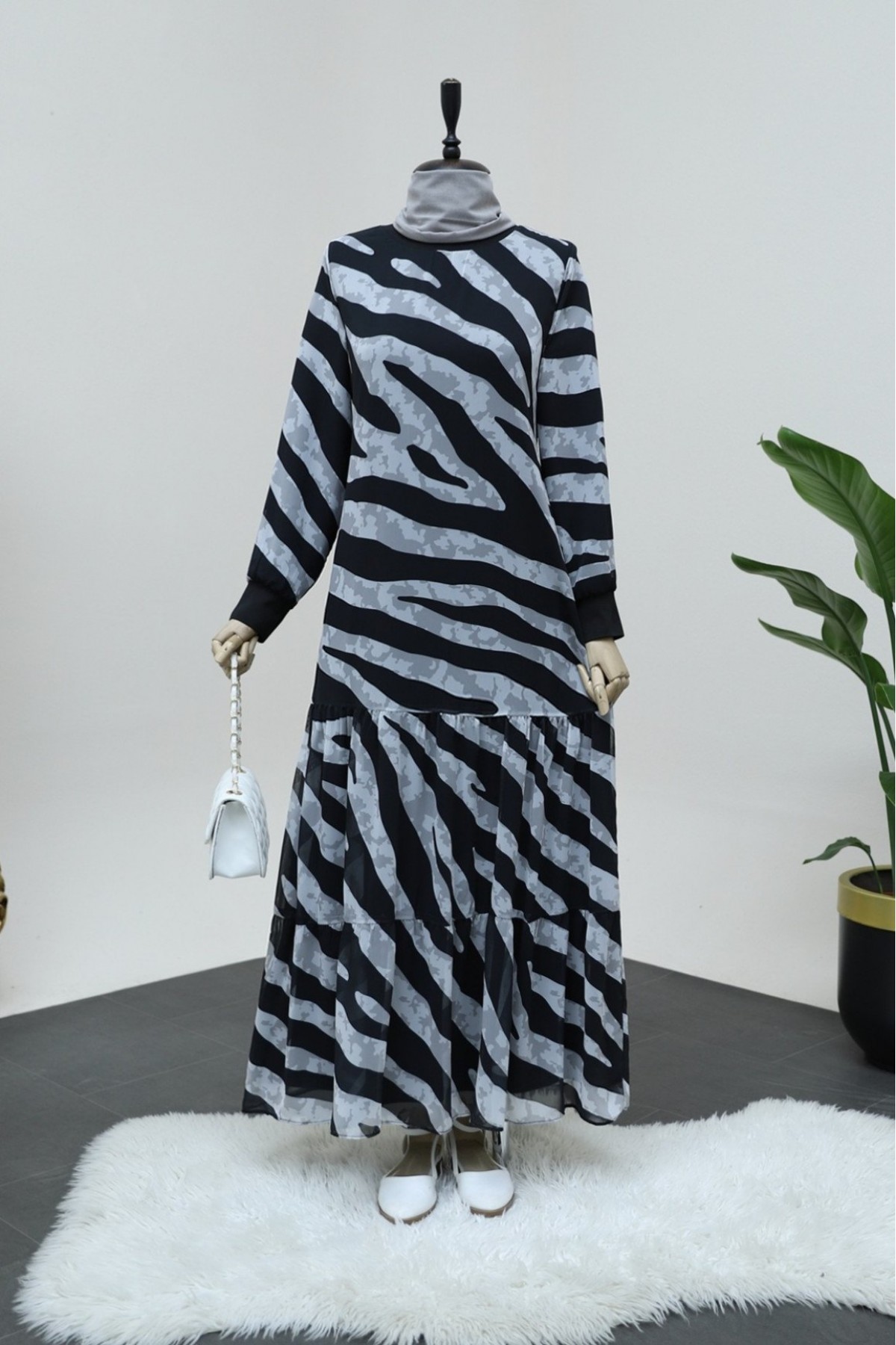 Zebra Pattern Skirt Partial Lined Chiffon Dress -Black