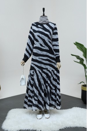 فستان حمار وحشي نمط التنورة واصطف جزئيا الشيفون -أسود