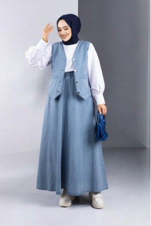 V Yaka Yelekli Etekli Kot Takım -Buz Mavi