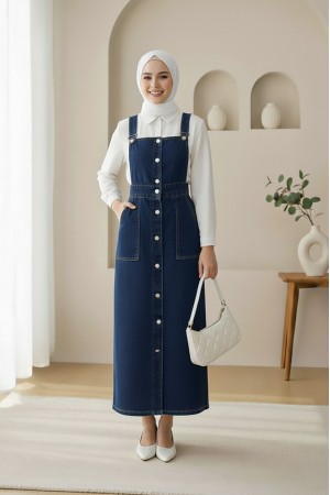 Boydan Düğmeli Çift Cepli Kot Salopet   -Laci