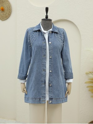 Büyük Taş Detaylı Düğmeli Cepli Kot Ceket -Buz Mavi