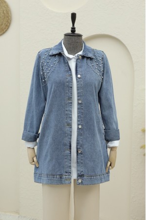 Denim Jacket with Large Stone Detailed Buttoned Pockets -Ice Blue