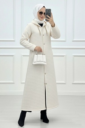 Long Quilted Coat with Chain Detail on Collar   - Beige