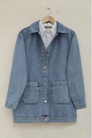 Buttoned Denim Jacket with Bag Pockets -Blue
