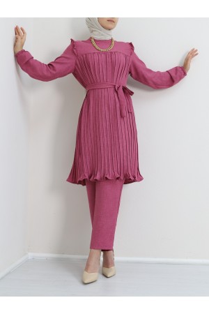 Yoke Pleated Waist Tied Double Suit -Fuchsia