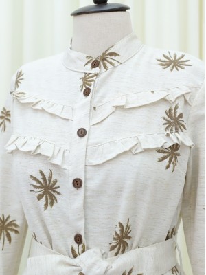 Önü Fırfırlı Yarım Düğmeli Parçalı Keten Elbise -Kamuflaj