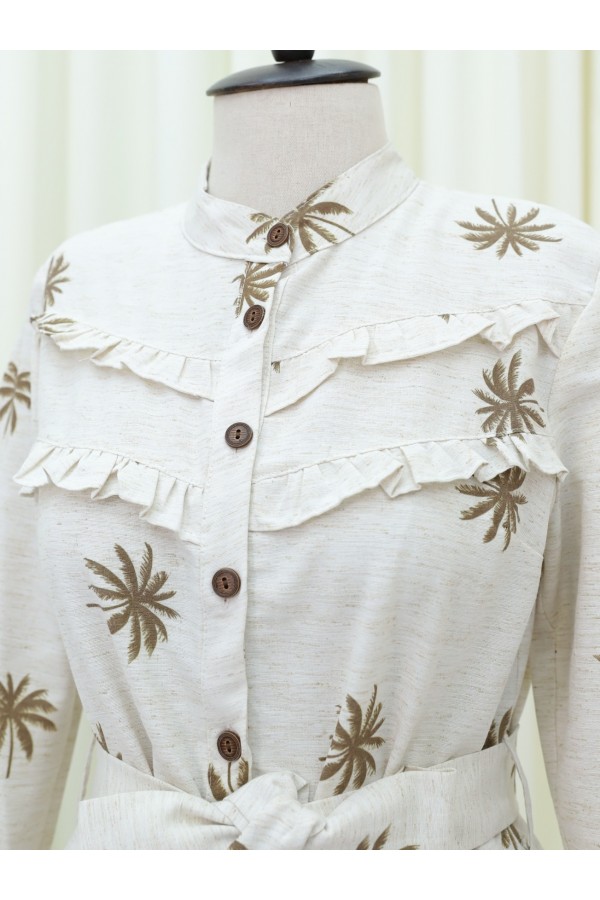 Half Buttoned Sectional Linen Dress with Ruffle Front -Camouflage