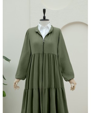 Boydan Fermuarlı Kolu Lastikli Parçalı Ayrobin Ferace -Haki