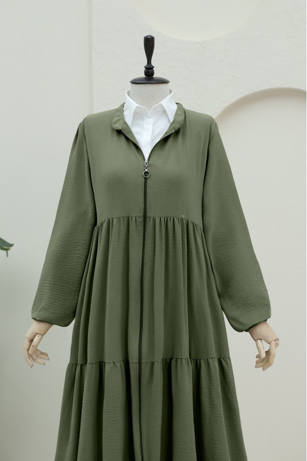 Ayrobin Abaya with Elasticated Sleeves and Zipper from the Neck -Khaki