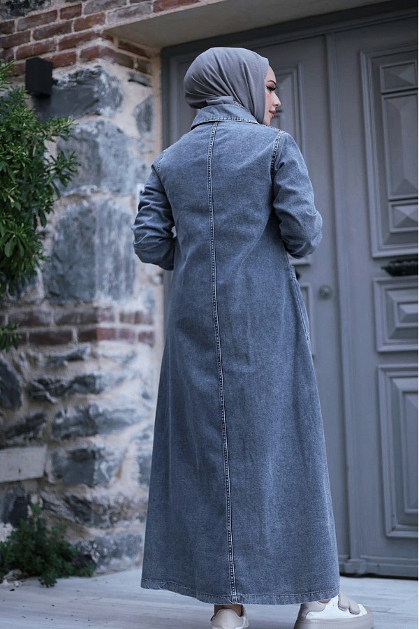 Metal Button Long Denim Coat with Pocket Pouch -Ice Blue