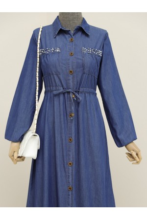 Çift Cepli İnci Detaylı Boydan Düğmeli Kot Elbise -İndigo