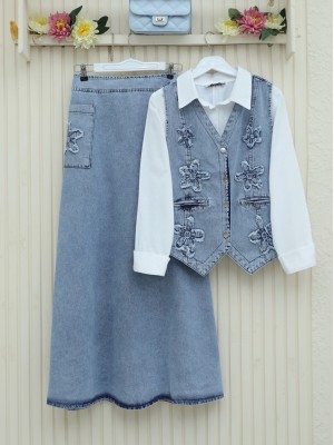 Desenli Etek Beli Lastikli Yelek Etek Kot Takım  -Buz Mavi