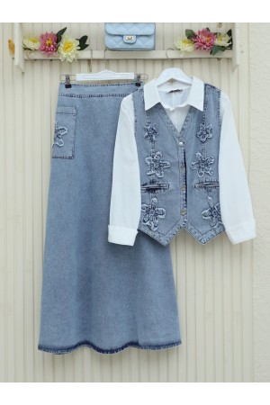 Desenli Etek Beli Lastikli Yelek Etek Kot Takım  -Buz Mavi