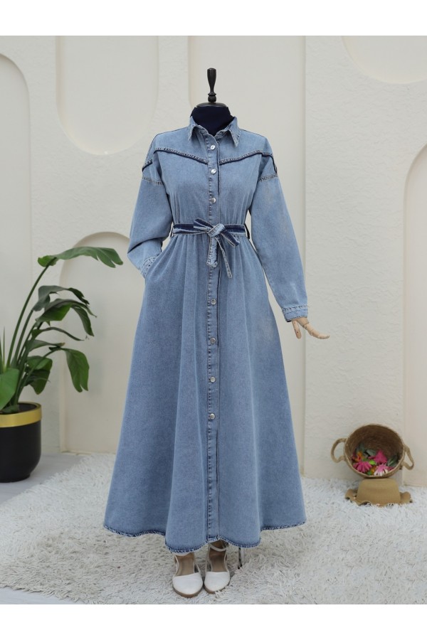 Shoulder Piping Buttoned Denim Dress -Ice Blue