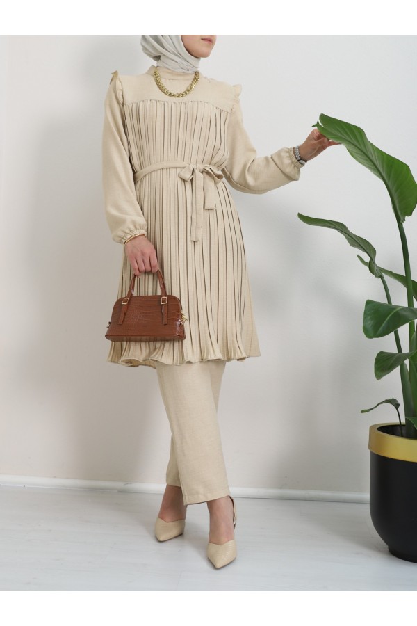 Yoke Pleated Waist Tied Double Suit - Beige