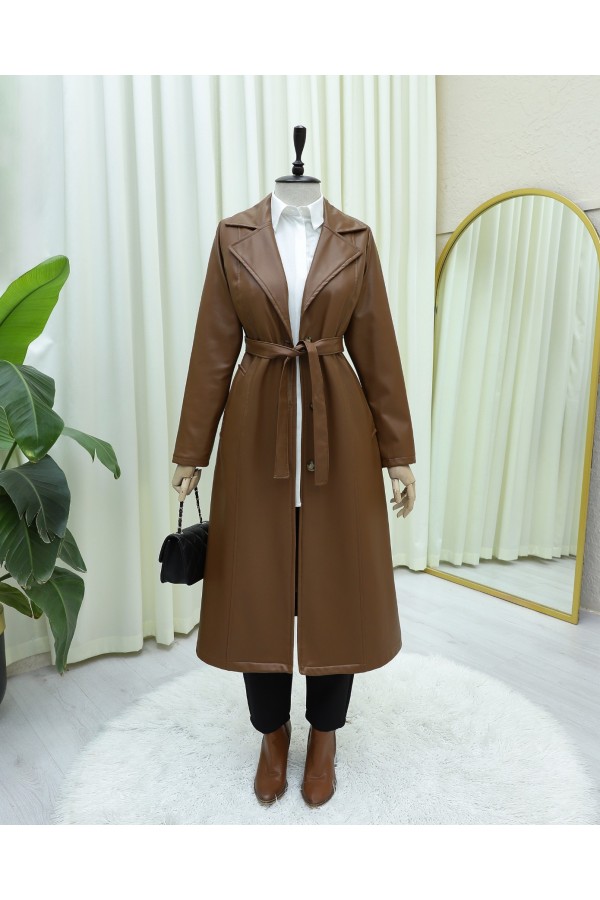 Lace-Up Buttoned Leather Trench Coat -Snuff