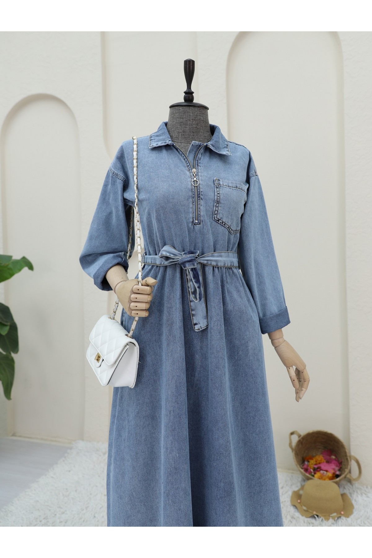 Half Zippered Waist Tie Pocket Denim Dress -Ice Blue
