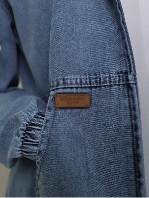 Kapşonlu Fermuarlı Kolu Lastikli Kot Kap -Buz Mavi