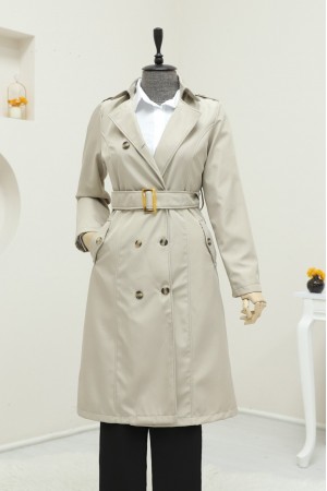 Düğmeli Kemerli Ara Boy Trençkot -Taş