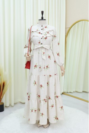 Half Buttoned Sectional Linen Dress with Ruffle Front -Garnet Color