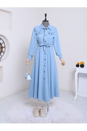 فستان من الدنيم بحزام وسحاب مفصل -جليدي