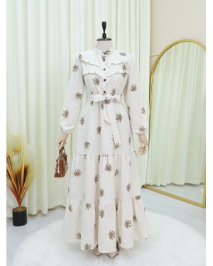 Half Buttoned Sectional Linen Dress with Ruffle Front -Camouflage