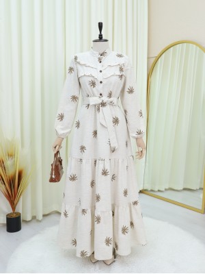 Önü Fırfırlı Yarım Düğmeli Parçalı Keten Elbise -Kamuflaj