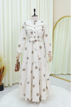 Half Buttoned Sectional Linen Dress with Ruffle Front -Camouflage