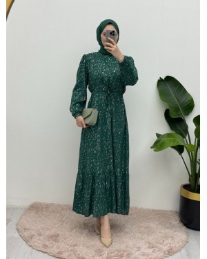 Melted Waist Gathered Dress -Forest Green