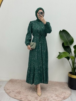 Kırçıllı Belden Büzgülü Elbise -Orman Yş.