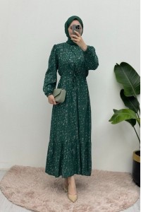 Kırçıllı Belden Büzgülü Elbise -Orman Yş.