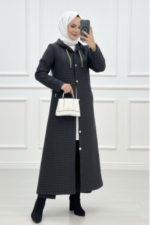 Long Quilted Coat with Chain Detail on Collar -Black