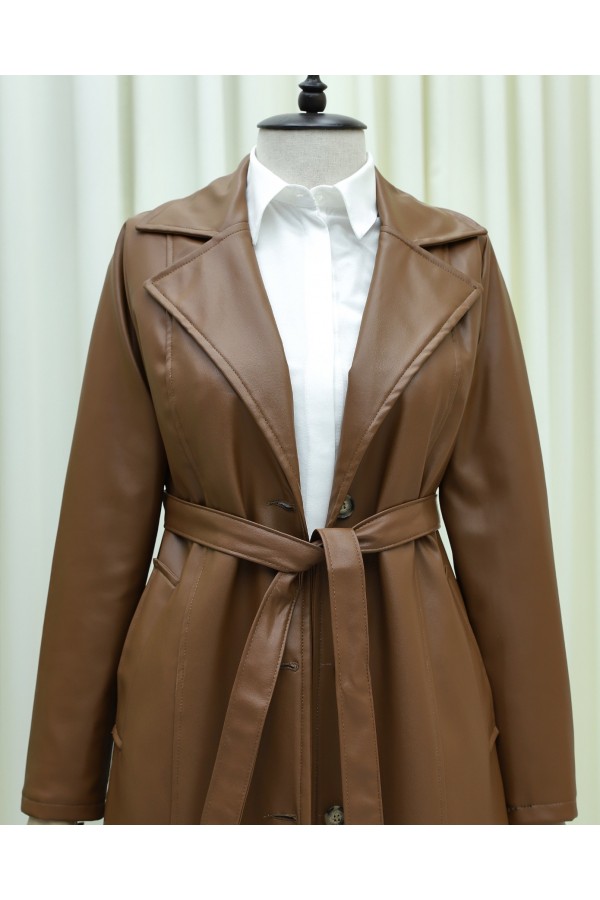Lace-Up Buttoned Leather Trench Coat -Snuff