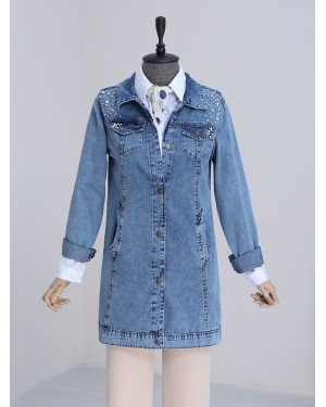 Taş İşlemeli Yıkamalı Kot Ceket -Mavi