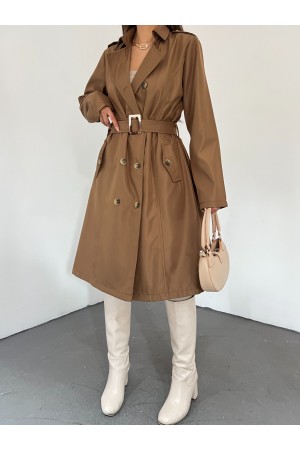 Önü Düğmeli Tokalı Kemerli Trenckot -Taba