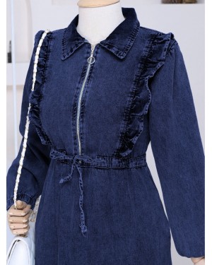 Robadan fırfırlı Belden Büzgü Kot Elbise   -Laci