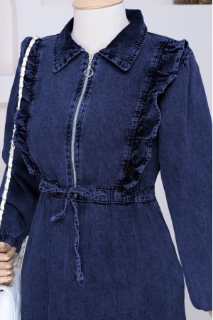 Ruffled Ruffle Waist Smocked Denim Dress   -Navy blue