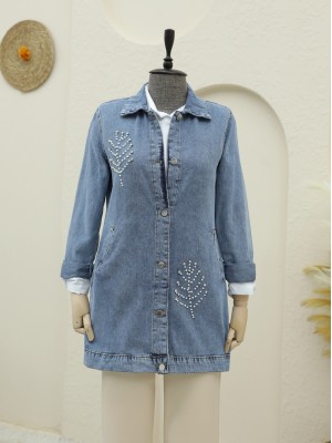 Yaprak Taş Detaylı Kot Ceket -Buz Mavi