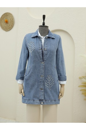 Leaf Stone Detailed Denim Jacket -Ice Blue