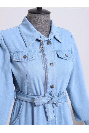 فستان من الدنيم بحزام وسحاب مفصل -جليدي