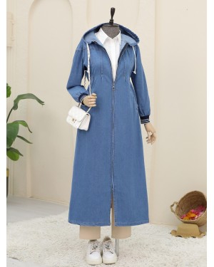 Pleated Front, Elastic Side, Hooded Denim Coat -Dark blue