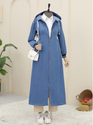 Önü Pliseli Yanı Lastikli Kapşonlu Kot Kap -Koyu Mavi