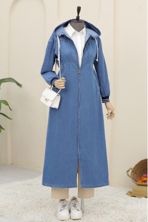 Önü Pliseli Yanı Lastikli Kapşonlu Kot Kap -Koyu Mavi